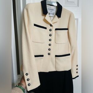 Vintage CHANEL Ivory & Black Bouclé Tweed Skirt Suit